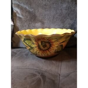 Maxcera Mustard Sunflower 10” Lg Ruffled Bowl Hand Painted, Writing Inside